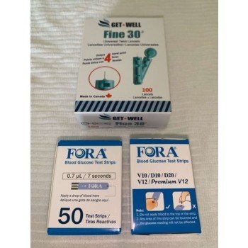 Fora V10/D10/D20/V12/Premium V12 Blood Glucose Test Strips 100 Ct. & GET•WELL Fine 30g Universal Twist Lancets 100 Ct