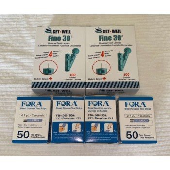 FORA V10/D10/D20/V12/PREMIUM V12 BLOOD GLUCOSE TEST STRIPS 200 CT. & GET•WELL FINE 30G UNIVERSAL TWIST LANCETS 200 CT