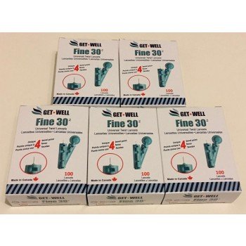 GET•WELL Fine 30g Universal Twist Lancets - Made in Canada ! Unique 4 Bevel Tip Offers Quick Healing & Less Pain ! 5 Boxes (500 Lancets)