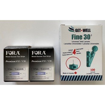 Fora V30/G30/Premium V10 Blood Glucose Test Strips 100 Ct. & GET•WELL Fine 30g Universal Twist Lancets 100 Ct.