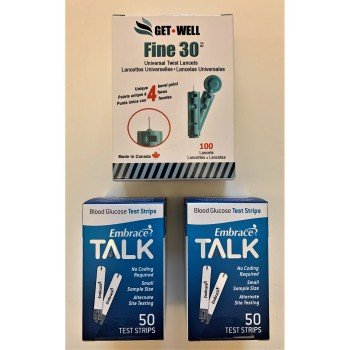 EMBRACE TALK BLOOD GLUCOSE TEST STRIPS 100 CT. & GET•WELL FINE 30G UNIVERSAL TWIST LANCETS 100 CT.