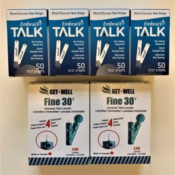 Embrace Talk Blood Glucose Test Strips 200 Ct. & GET•WELL Fine 30g Universal Twist Lancets 200 Ct.