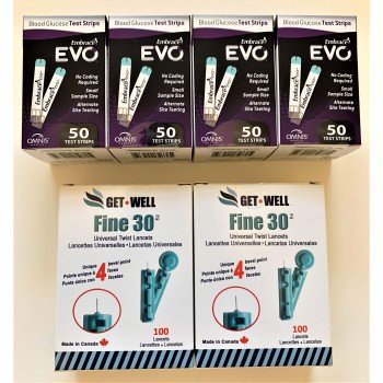 EMBRACE EVO BLOOD GLUCOSE TEST STRIPS 200 CT. & GET•WELL FINE 30G UNIVERSAL TWIST LANCETS 200 CT