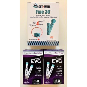 Embrace EVO Blood Glucose Test Strips 100 Ct. & GET•WELL FINE 30G UNIVERSAL TWIST LANCETS 100 CT 