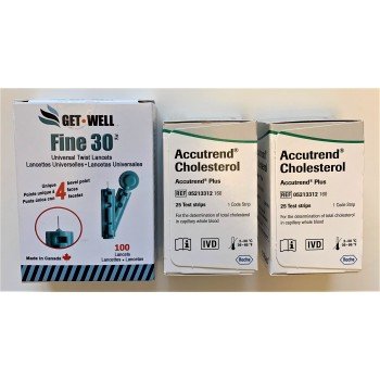 ACCUTREND PLUS CHOLESTEROL TEST STRIPS 50 CT (Expiration 6/30/2024) & GET•WELL FINE 30G UNIVERSAL TWIST LANCETS 100 CT