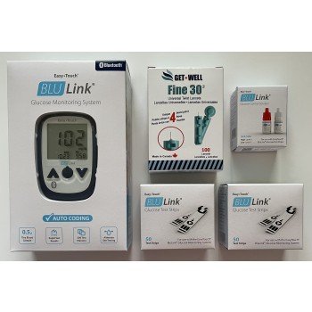 EasyTouch BLU Link Meter Starter Kit - Includes Meter kIt, 100 Blu LInk Test Strips, Blu Link Hi & Lo Control Solution & GET•WELL Fine 30g Universal Twist Lancets 100 Ct. - Made in Canada !