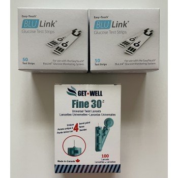 EasyTouch BLU Link  100 CT Blood Glucose Test Strips & GET•WELL Fine 30g Universal Twist Lancets 100 CT - Made in Canada !