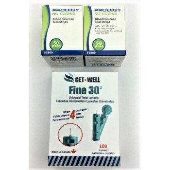 PRODIGY BLOOD GLUCOSE TEST STRIPS 100 CT. & GET•WELL FINE 30G UNIVERSAL TWIST LANCETS 100 CT.