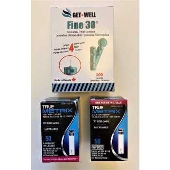 True Metrix 100 Ct. Blood Glucose Test Strips & 100 Ct. GET•WELL Fine 30g Universal Twist Lancets 