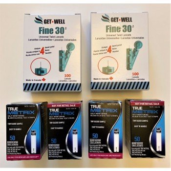 True Metrix 200 Ct. Blood Glucose Test Strips &  200 Ct. GET•WELL Fine 30g Universal Twist Lancets